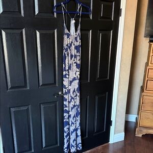 Veronica M Navy and White Paisley Maxi Jumpsuit